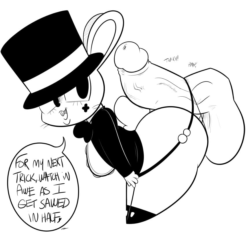 ass beth_(ota) big_breasts big_butt big_penis big_thighs breasts buttjob clothing female hat lagomorph magician magician_bunny mammal monochrome ota_(artist) outercourse penis rabbit shortstack speech_bubble text thong top_hat