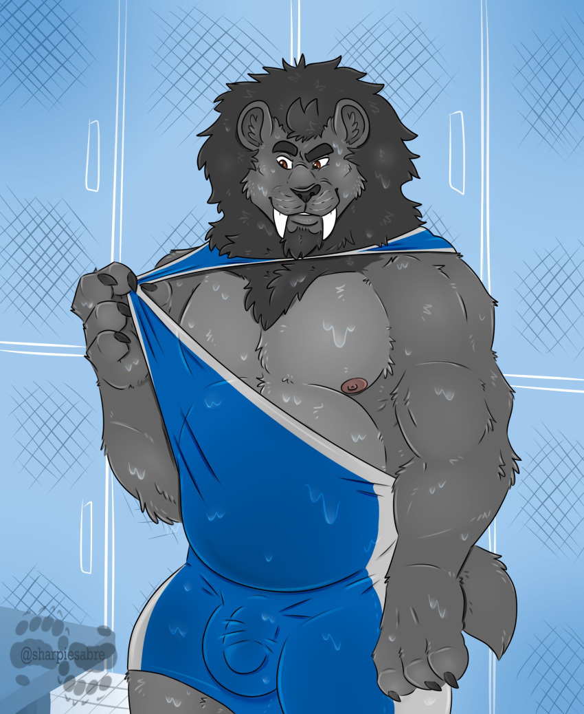 1boy anthro barazoku belly bulge clothing eyebrows feline furry hemlok locker_room male male_only mammal mane mesomorph muscular nipples saber-toothed_cat shirt snarling solo sweat text thick_eyebrows watermark wet wrestling_singlet yamatopawa