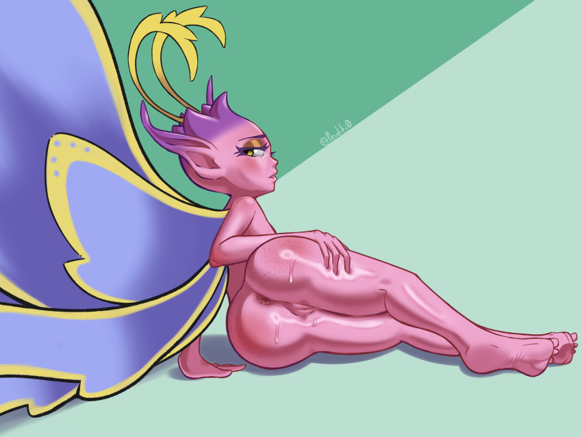 antennae anthro ass_focus fairy fairy_wings female freckles from_behind humanoid naked naked_female paladins perditi0 pink_body pink_skin pointy_ears pose posing willo_(paladins) yellow_eyes