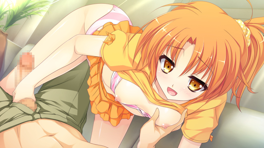 aono_sena blush breast_grab censored fellatio game_cg girls_be_ambitious! hair mtu_(artist) nipples oral orange_hair panties ponytail shirt_lift short_hair tied_hair underwear yellow_eyes