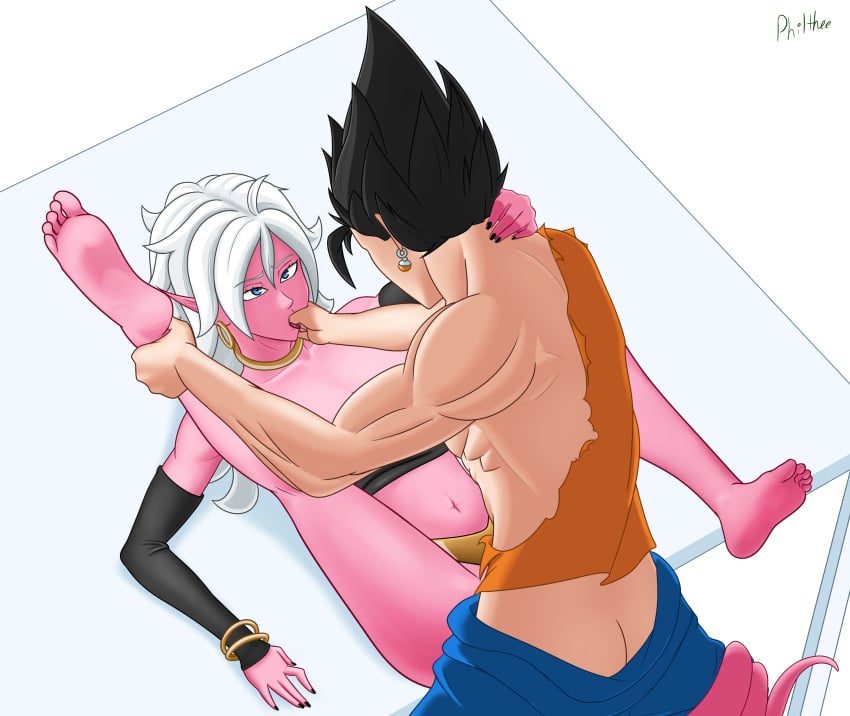 1boy1girl 1girls 2010s android_21 android_21_(good) blue_eyes breasts dragon_ball dragon_ball_fighterz female humanoid light_persona long_hair majin majin_android_21 male pink_skin pointy_ears straight tail vegito white_hair