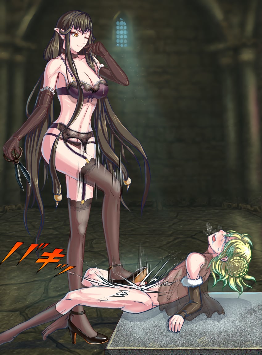 1boy 1girls ballbusting bangs big_breasts black_hair blush bra breasts cleavage clothed_female clothed_female_nude_male cock_and_ball_torture crying dark_hair domination dominatrix dungeon fate/apocrypha fate/grand_order fate_(series) female femdom footjob foreskin garter_belt gloves green_hair heels high_heels holding_object large_breasts larger_female looking_down male midriff navel open_mouth panties paris_(fate) paris_(greek_mythology) pointy_ears scissors semiramis_(fate) shoejob short_hair size_difference small_penis smaller_male standing standing_footjob stomp stomping sweat tagme tears tongue torture uncensored uncut very_long_hair wink yellow_eyes