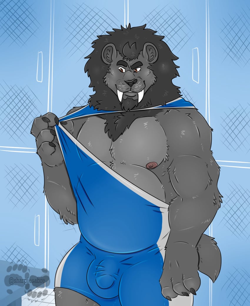 1boy anthro barazoku belly bulge clothing eyebrows feline furry hemlok locker_room male male_only mammal mane mesomorph muscular nipples saber-toothed_cat shirt snarling solo sweat text thick_eyebrows watermark wrestling_singlet yamatopawa