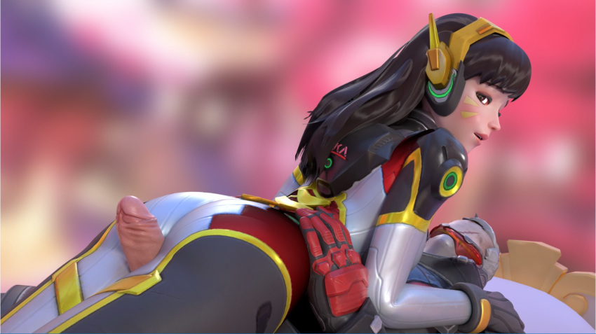 1girls 3d age_difference alternate_costume ass blender carbon_fiber_d.va d.va erection female looking_at_viewer looking_back male/female metssfm overwatch penis soldier_76 straight thigh_sex