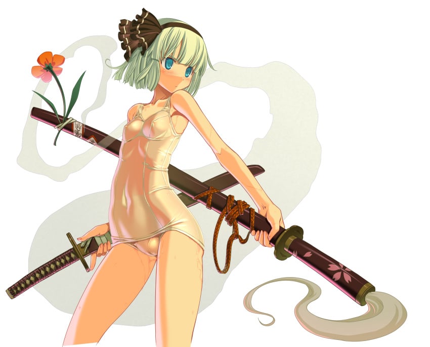 blue_eyes cameltoe dual_wielding flower ghost hairband high_resolution hitodama katana mizugi one-piece_swimsuit ribbon sakuya_tsuitachi school_swimsuit see-through sheath sheathed shiny shiny_clothes short_hair silver_hair solo sukumizu swimsuit sword touhou weapon wet white_school_swimsuit youmu_konpaku youmu_konpaku_(ghost)