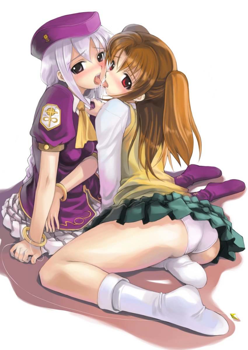 00s 2girls absurdres ass blush bobby_socks brown_hair crossover feet female female_focus french_kiss hand_on_another's_shoulder hat highres kiss looking_at_viewer melty_blood mikazuki_akira mikazuki_akira! multiple_girls no_shoes panties pleated_skirt red_eyes saliva school_uniform sion_eltnam_atlasia skirt socks tongue tongue_out tri-moon! tsukihime type-moon underwear white_background white_hair white_legwear white_panties yumizuka_satsuki yuri