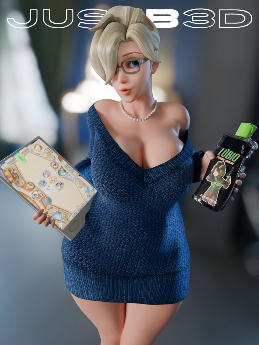 1girls 3d big_breasts blender blonde_hair breasts cleavage female female_only glasses justb3d large_breasts looking_at_viewer mercy overwatch solo