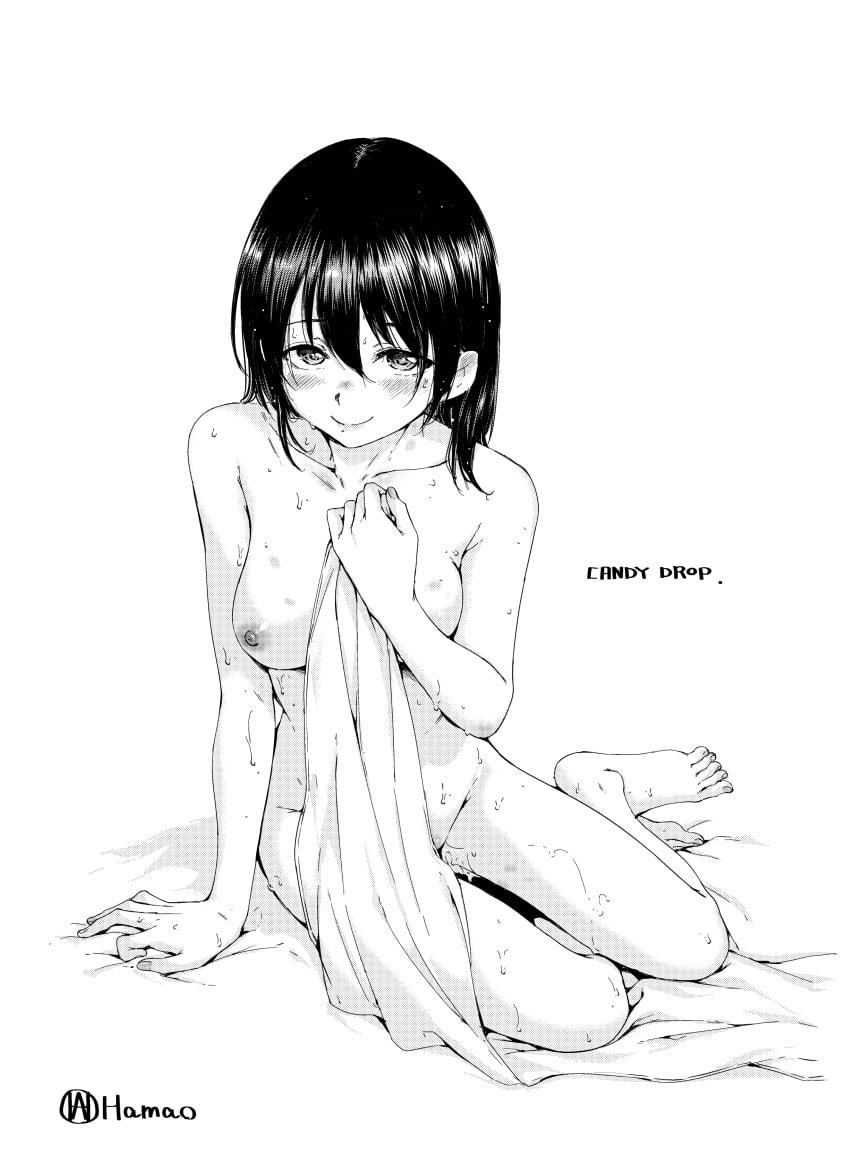 absurdres arm_support barefoot blush breasts completely_nude female full_body greyscale hamao highres holding holding_towel looking_at_viewer medium_breasts medium_hair monochrome nude original pussy_juice sitting smile solo sweat toes towel yokozuwari