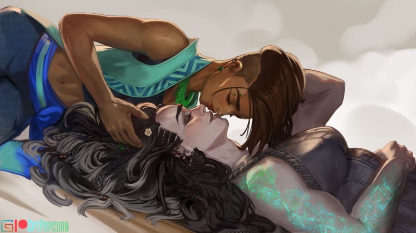 2girls beauregard_lionett black_hair brown_skin canon_couple clothes cptpopcorn critical_role critical_role:_the_mighty_nein dungeons_and_dragons female/female kissing muscular_female piercings tattoo undercut wholesome yasha_nydoorin yuri