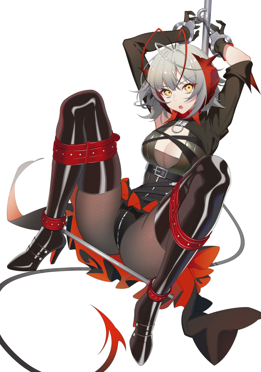 alternate_version_available arknights bondage cleavage female gloves grey_hair horns leotard pantyhose qianshibu thigh_boots w_(arknights) white_background yellow_eyes