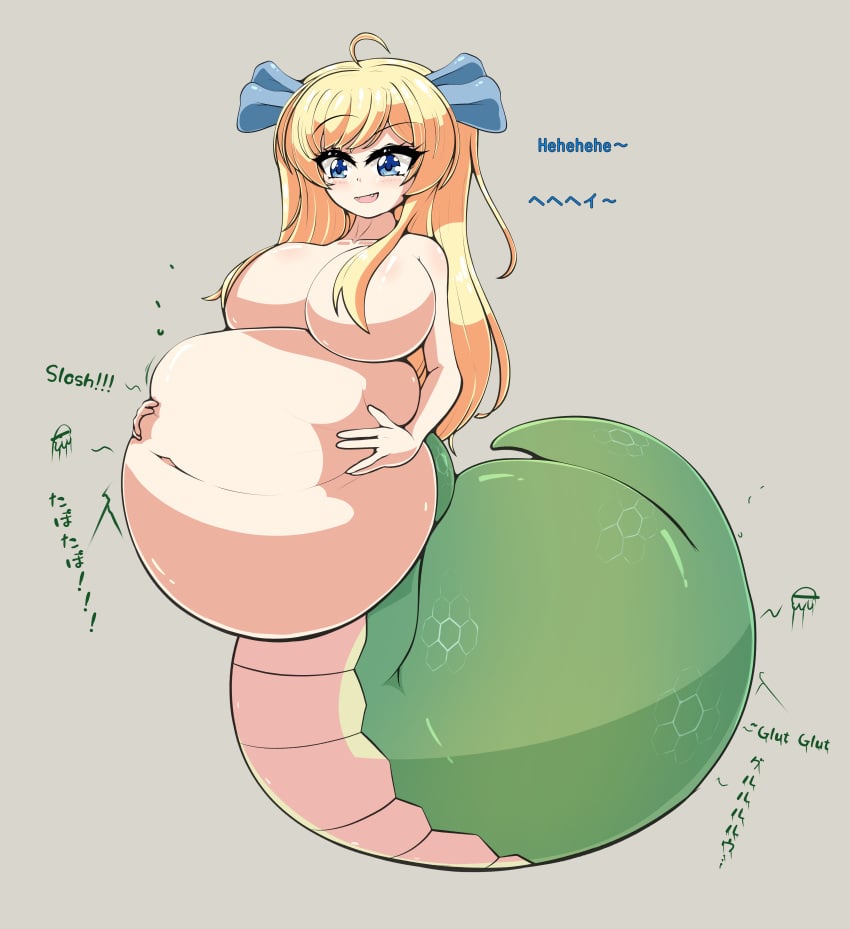 big_belly big_breasts blonde_hair blue_eyes chubby digestion digestion_noises green_scales hair_covering_breasts lamia naga ribbons snake_girl tagme the_aya vore vore_belly