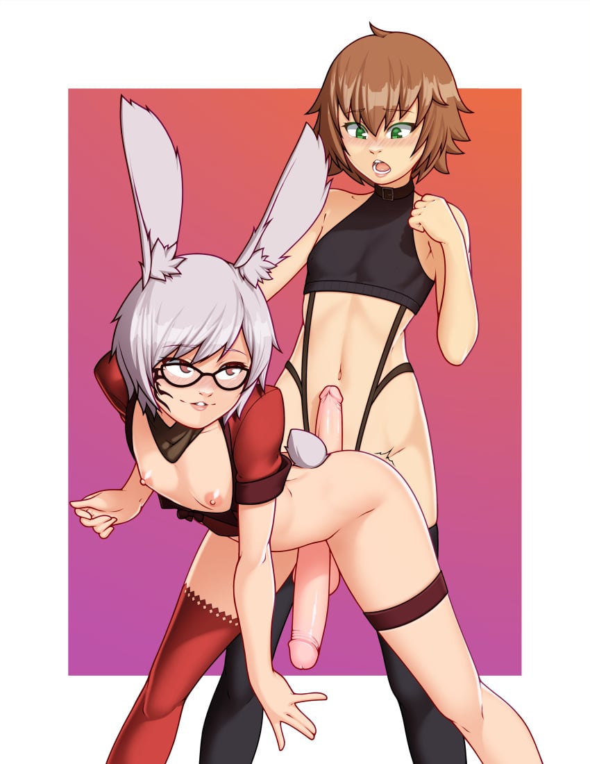 2022 2boys absurd_res alex_(alexw95) alexw95 bent_over black_thighhighs blush brown_hair bunny_ears bunny_tail femboy final_fantasy final_fantasy_xiv from_behind from_behind_position girly glasses green_eyes legband male male/male male_only medium_hair one_thighhigh penis red_eyes red_thighhighs short_hair skimpy skimpy_clothes smile taiyo_akari thighhighs viera white_hair yaoi