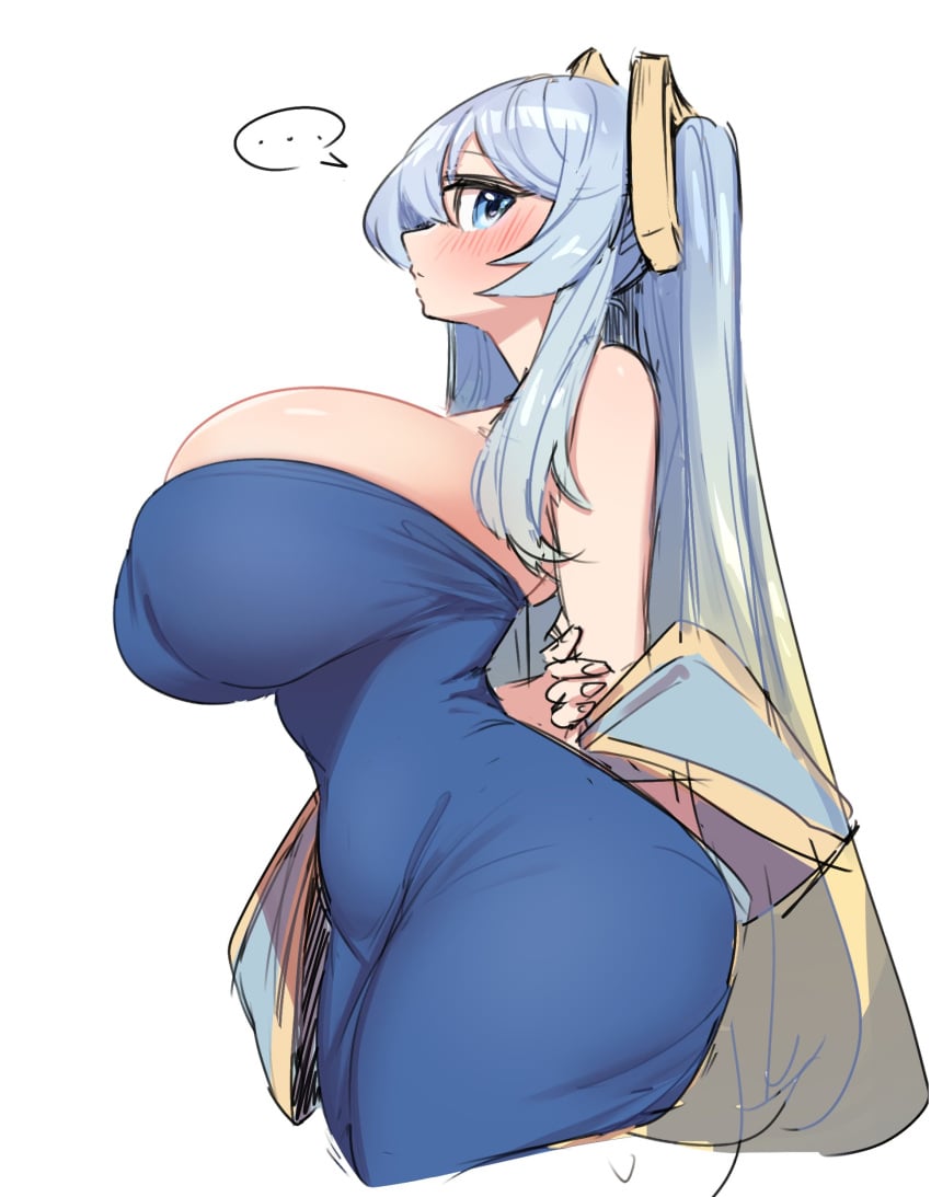 bare_shoulders big_breasts big_eyes blue_eyes blue_hair blush blush_lines busty curvy curvy_female curvy_figure dress hourglass_figure large_breasts league_of_legends light-skinned_female light_skin looking_at_viewer side_view sona_buvelle speech_bubble thick_ass thick_thighs thin_waist yabby