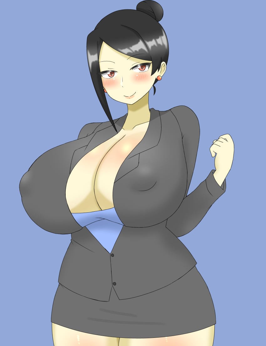 big_breasts bijin_onna_joushi_takizawa-san black_hair blue_background blush breasts breasts_bigger_than_head cleavage clothed clothing doors_drop earrings huge_breasts office_clothing office_lady pink_eyes solo takizawa_kyouko