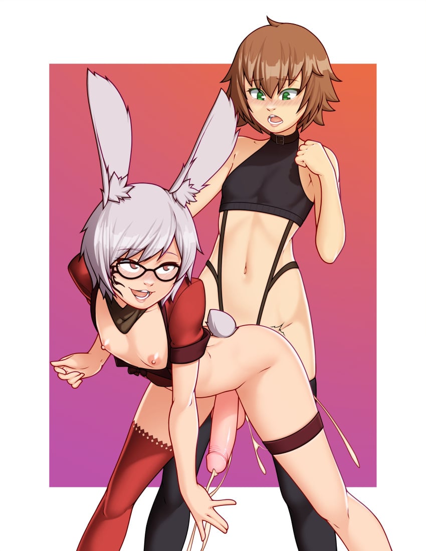 2022 2boys absurd_res alex_(alexw95) alexw95 anal anal_penetration anal_sex bent_over black_thighhighs blush brown_hair bunny_ears bunny_tail cum cum_in_ass cum_inside cum_while_penetrated cumshot femboy final_fantasy final_fantasy_xiv from_behind from_behind_position girly glasses green_eyes legband male male/male male_only male_penetrating_male medium_hair one_thighhigh penis pleasure_face red_eyes red_thighhighs short_hair skimpy skimpy_clothes smile taiyo_akari thighhighs viera white_hair yaoi