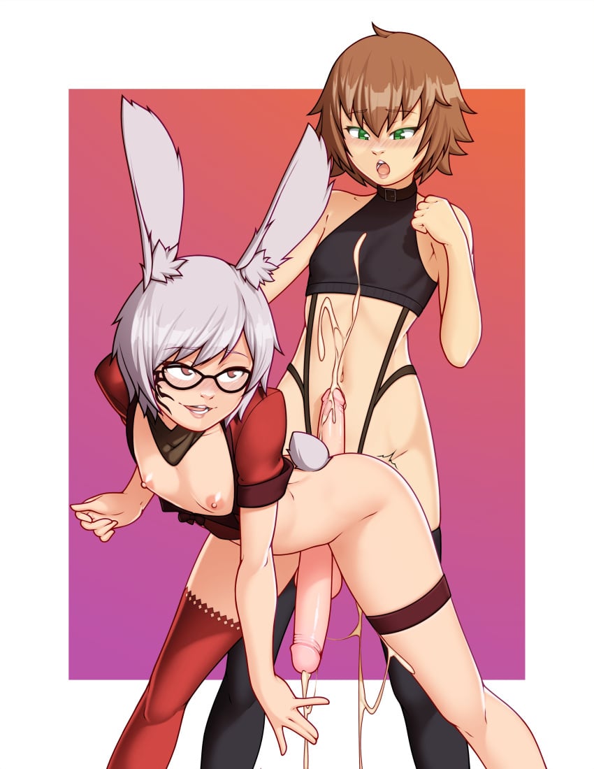 2022 2boys absurd_res after_anal alex_(alexw95) alexw95 bent_over black_thighhighs blush brown_hair bunny_ears bunny_tail cum cumshot femboy final_fantasy final_fantasy_xiv from_behind from_behind_position girly glasses green_eyes legband male male/male male_only medium_hair one_thighhigh penis penis_out pleasure_face red_eyes red_thighhighs short_hair skimpy skimpy_clothes smile taiyo_akari thighhighs viera white_hair yaoi