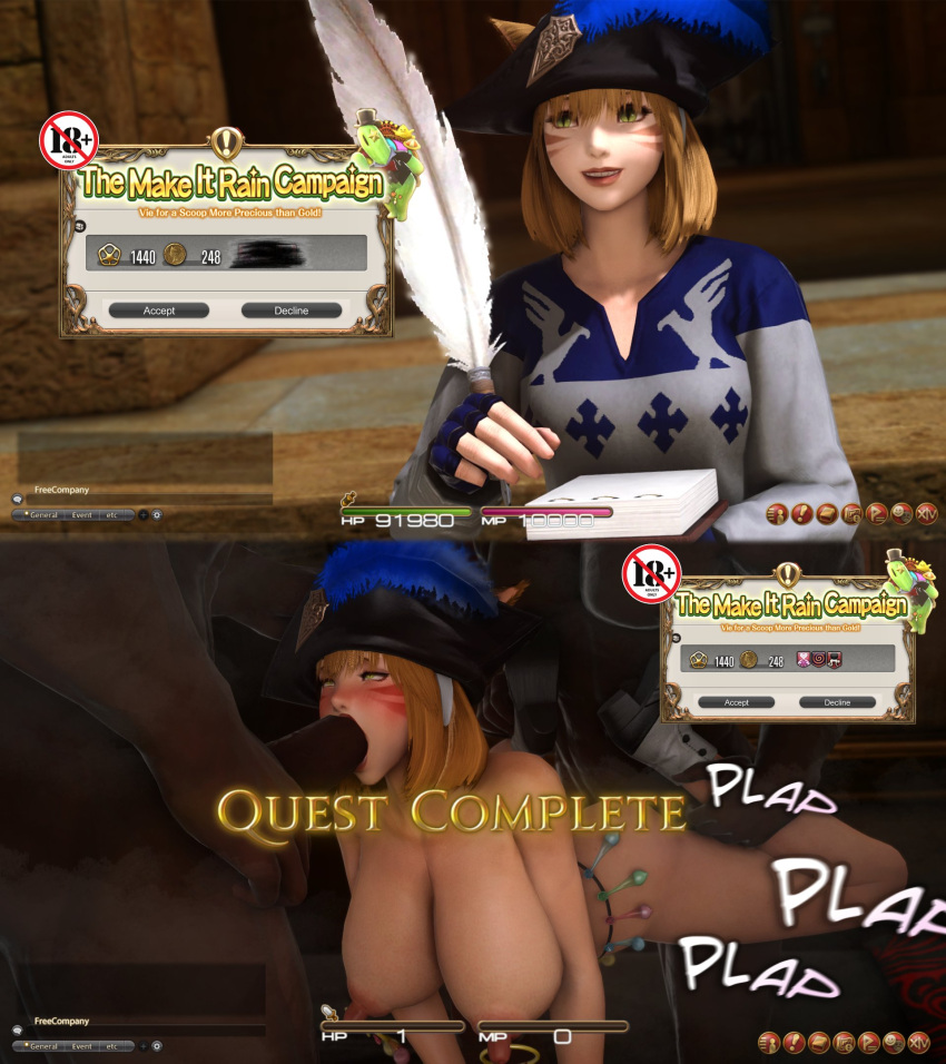 1girls 2koma 3d before_and_after big_breasts blonde_hair blowjob condom_belt dark-skinned_male dark_skin fellatio final_fantasy final_fantasy_xiv fringe game_mechanics game_ui gangbang gpose(ffxiv) grabbing green_eyes group_sex health_bar hud imminent_oral instant_loss instant_loss_2koma interracial kawaii_awww medium_hair naked nipple_piercing nipple_rings nude oral oral_sex spitroast sucking sucking_penis tagme used_condom