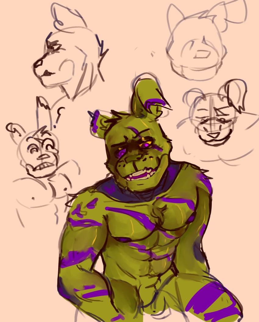 1boy anthro cheekycreepy five_nights_at_freddy's five_nights_at_freddy's_3 fnaf fur furry_only green_body green_skin humanoid male male_only nude rabbit scars sketch solo solo_focus springtrap springtrap_(fnaf)