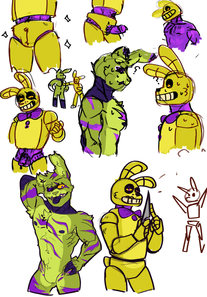 2boys cheekycreepy five_nights_at_freddy's five_nights_at_freddy's_3 fnaf fur furry furry_only green_body looking_at_another male male/male male_only muscular pecs penis presenting purple_skin rabbit sketch springtrap springtrap_(fnaf) william_afton