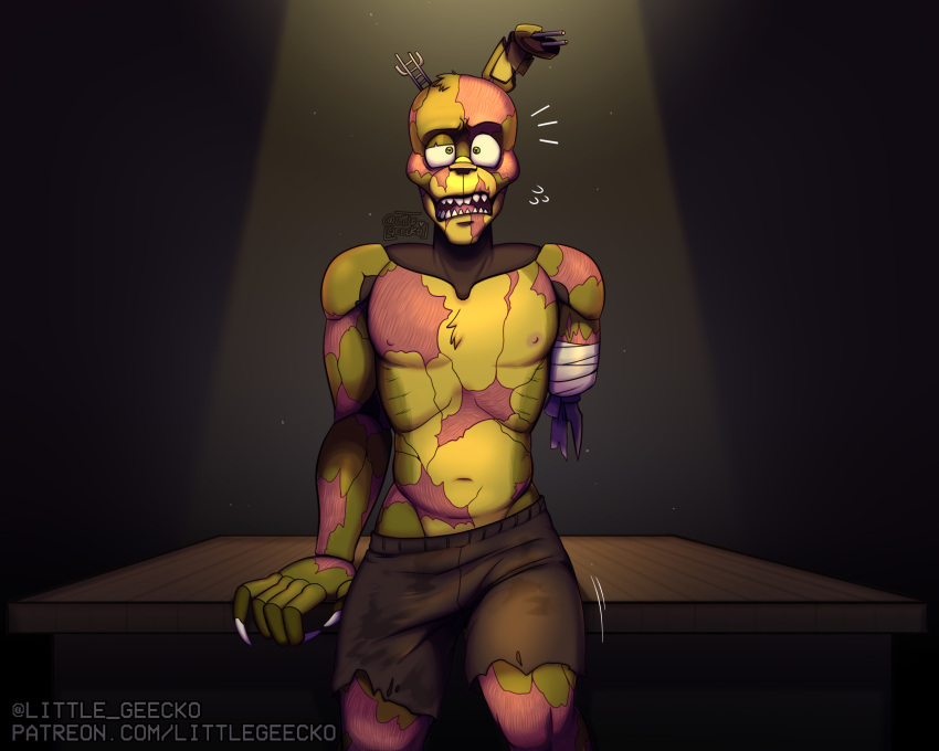 1boy abs all_fours animatronic anthro anthrofied areola bald bandage black_nose clothed clothing confused dialogue faceless_character faceless_male five_nights_at_freddy's fnaf freddy_fazbear's_pizzeria_simulator fur furry gay green_body green_eyes green_fur green_skin half-closed_eyes hi_res human humanoid imminent_sex inviting inviting_to_sex lagomorph leporid light littlegeecko long_ears looking_at_another male_only mammal motion_lines multicolored_body navel nervous night_guard_(fnaf) nipples open_mouth pants partially_clothed pervert question_mark scraptrap sharp_teeth shorts sitting sitting_on_desk surprised teeth text thick_thighs toe_claws tongue torn_arm torn_body torn_face torn_leg torn_skin video_games william_afton