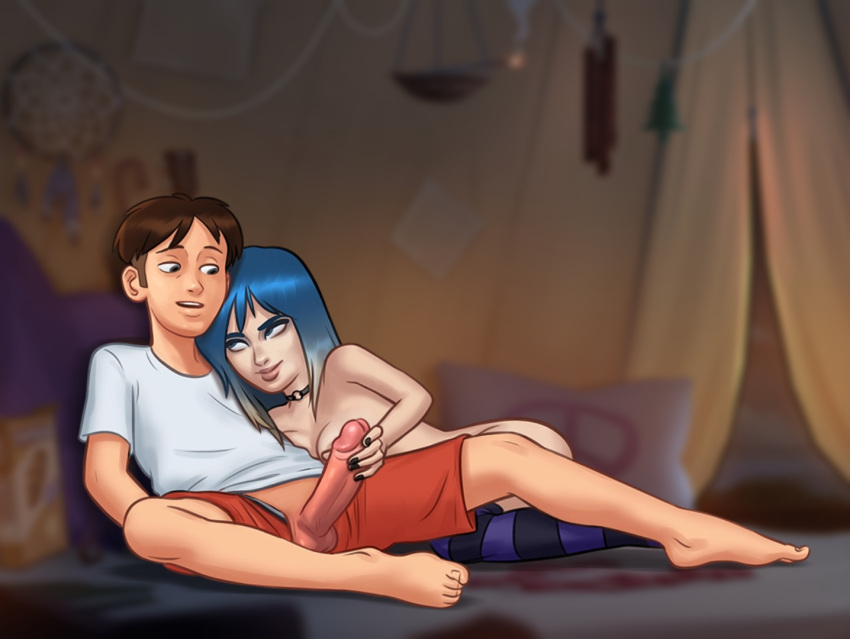 1boy 1girls 2d areolae balls big_penis blue_eyes blue_hair bottomless boxers_down breasts breasts_out brown_hair clothed clothing darkcookie digital_drawing_(artwork) digital_media_(artwork) duo erect_penis erection eve_(summertime_saga) female hand_on_penis holding holding_penis horny horny_female horny_male huge_cock laying_down laying_on_back laying_on_side legwear light-skinned_female light-skinned_male light_skin looking_at_another looking_at_partner looking_down looking_up main_character_(summertime_saga) male male/female nipples nude nude_female on_back on_side partially_clothed penis penis_out perky_breasts petite petite_body shirt shorts shorts_down small_breasts smile smiling spread_legs stockings straight straight_hair straight_sex striped striped_legwear summertime_saga teenage_girl teenager tent thick_thighs topless two_tone_hair