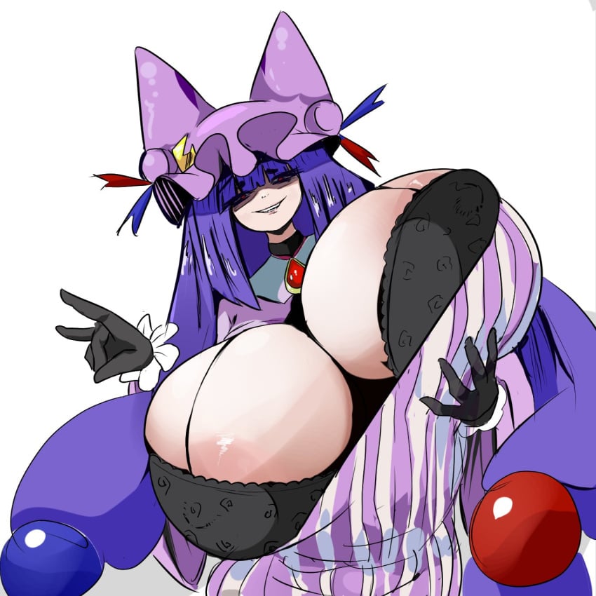 1girls areolae_slip big_breasts black_bra borrowed_design bra cleavage clothed_female creepy_smile fox_ears fox_hand_sign gloves grin hat heart-shaped_pupils huge_breasts konkon_patchouli_(crr001) light-skinned_female long_hair moero_3l patchouli_knowledge purple_hair scary_face solo solo_female teeth touhou white_background