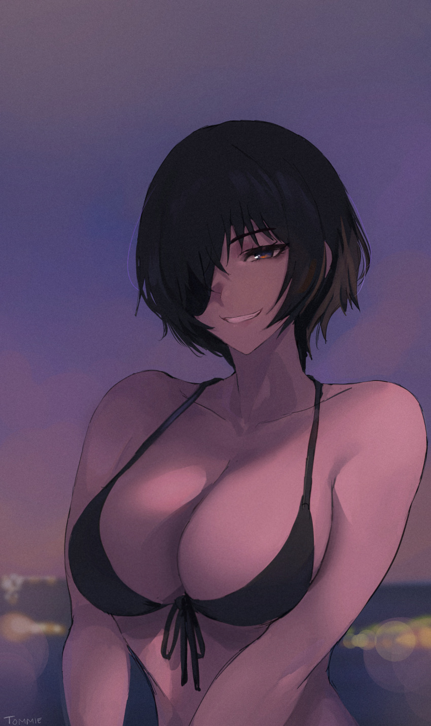 1girls big_breasts bikini bikini_top black_hair blush breasts chainsaw_man curvy eye_patch female female_only hi_res himeno_(chainsaw_man) huge_breasts light-skinned_female light_skin looking_at_viewer pov presenting_breasts smile tagme tommietomm voluptuous wholesome