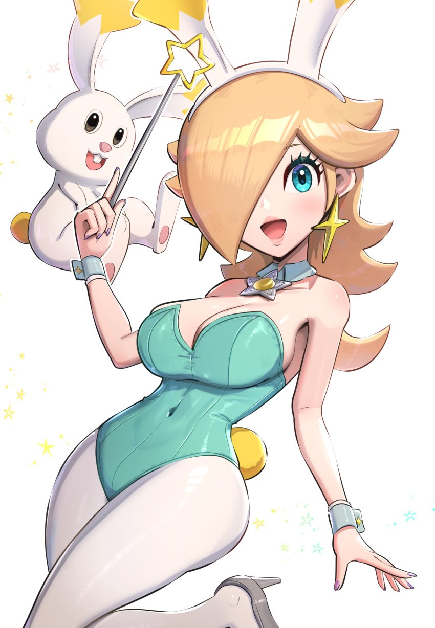 1girls :3 big_breasts black_heels blonde blue_eyes breasts buckteeth bunny_ears bunnysuit cute female gonzarez high_heels looking_at_viewer mario_(series) nintendo open_mouth pantyhose princess_rosalina rabbit solo star_bunny star_bunny_(cosplay) super_mario_galaxy tagme