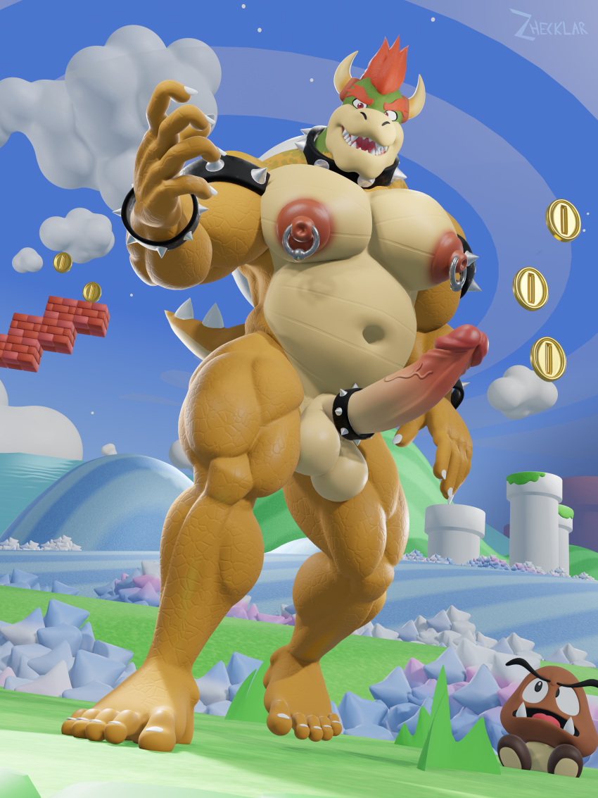 1boy 1other 2boys 3d 3d_(artwork) 5_fingers 5_toes absurd_res ambiguous_gender anthro balls ballsack bara beefy beige_countershading belly big_muscles big_penis blush bowser cock_ring digital_media_(artwork) erect_penis erection feet fingers foot_fetish foreskin foreskin_folds fur furry gay genitals goomba green_head hi_res horns humanoid_feet humanoid_genitalia humanoid_penis intact koopa male male_nipples male_only mario_(series) masculine mature_male mohawk_(hairstyle) multicolored_body multicolored_fur musclegut muscular muscular_anthro muscular_male nintendo nipple_piercing nipple_rings nude_male orange_hair pecs penis piercing plantigrade puffy_nipples red_eyes reptile retracted_foreskin scalie scenery scrotum super_mario_bros._wonder tail testicles toes turtle uncut veiny_penis video_games yaoi yellow_skin zhecklar