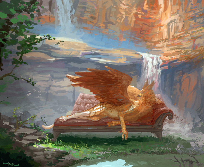 2017 anthro anthro_only aurys avian balls barely_visible_balls barely_visible_genitalia beak cyber-fiber-optics detailed_background digital_media_(artwork) feral fur furniture genitals grass gryphon highlights_(coloring) lake lounging lying male mythological_avian mythology nude on_side plant raised_wings red_wings rock roots sapling shadow smile sofa solo tail talons tan_body tan_tail tree water water_spray waterfall wings yellow_body yellow_eyes yellow_fur