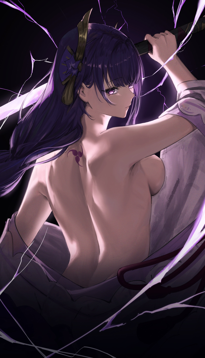 1girls absurdres arm_up back bakemonsou bare_back bare_shoulders breasts closed_mouth commission female from_behind genshin_impact hair_ornament highres holding holding_sword holding_weapon japanese_clothes large_breasts lightning long_hair looking_back mitsudomoe_(shape) mole mole_under_eye open_clothes pixiv_commission purple_eyes purple_hair raiden_shogun shoulder_blades sideboob solo sword tomoe_(symbol) upper_body weapon