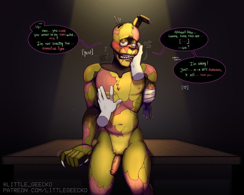 2boys abs all_fours animatronic anthro areola bald balls bandage barefoot black_nose blush blushed bodily_fluids brown_nose claws closed_eyes dialogue duo english_text eyeless faceless_character faceless_male five_nights_at_freddy's fnaf freddy_fazbear's_pizzeria_simulator fur furry gay genitals green_body green_eyes green_hair green_skin grey_skin hair hand_on_leg heart human humanoid humanoid_genitalia humanoid_on_anthro humanoid_penis imminent_sex lagomorph leporid light littlegeecko long_ears looking_at_another machine male male/male male_only mammal motion_lines multicolored_body naked naked_male navel nervous night_guard_(fnaf) nipples notched_ear nude on_back on_ground on_top one_eye_half-closed open_mouth pawpads pecs penis penis_grab penis_out pervert presenting presenting_balls presenting_penis pubes rabbit raised_leg robot scar scars scottgames scraptrap sharp_teeth short_hair skinny speech_bubble submissive submissive_male sweat teeth testicles text thick_thighs toe_claws tongue torn_arm torn_body torn_face torn_leg torn_skin vein veiny_penis video_games william_afton yellow_body