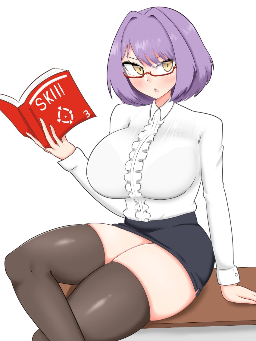 1girls azur_lane blush book breasts clothed clothing desk female female_only glasses gloucester_(azur_lane) huge_breasts light-skinned_female light_skin looking_at_viewer madei_d purple_hair royal_navy_(azur_lane) sitting_on_desk skirt solo stockings teacher yellow_eyes