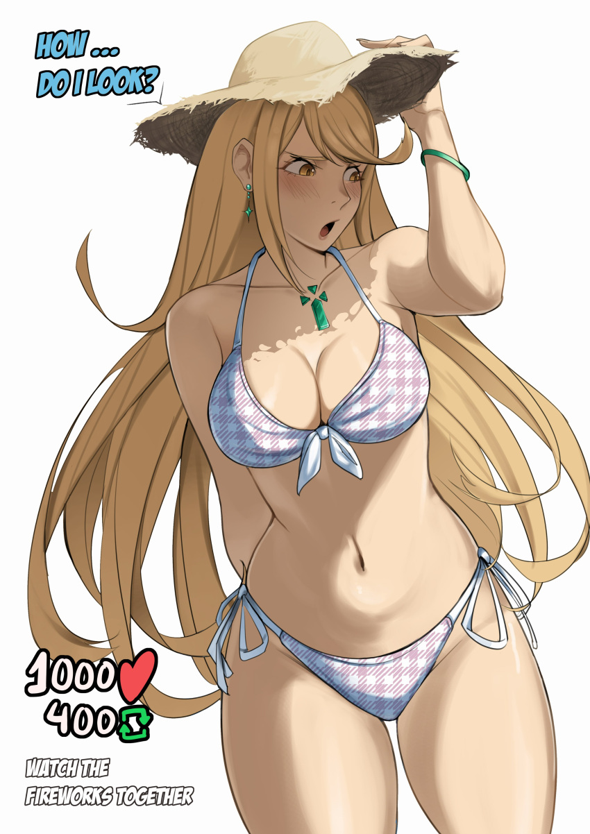 blonde_hair breasts core_crystal delicious_brain deliciousbra female female_only mythra nintendo open_mouth solo swimsuit xenoblade_(series) xenoblade_chronicles_2