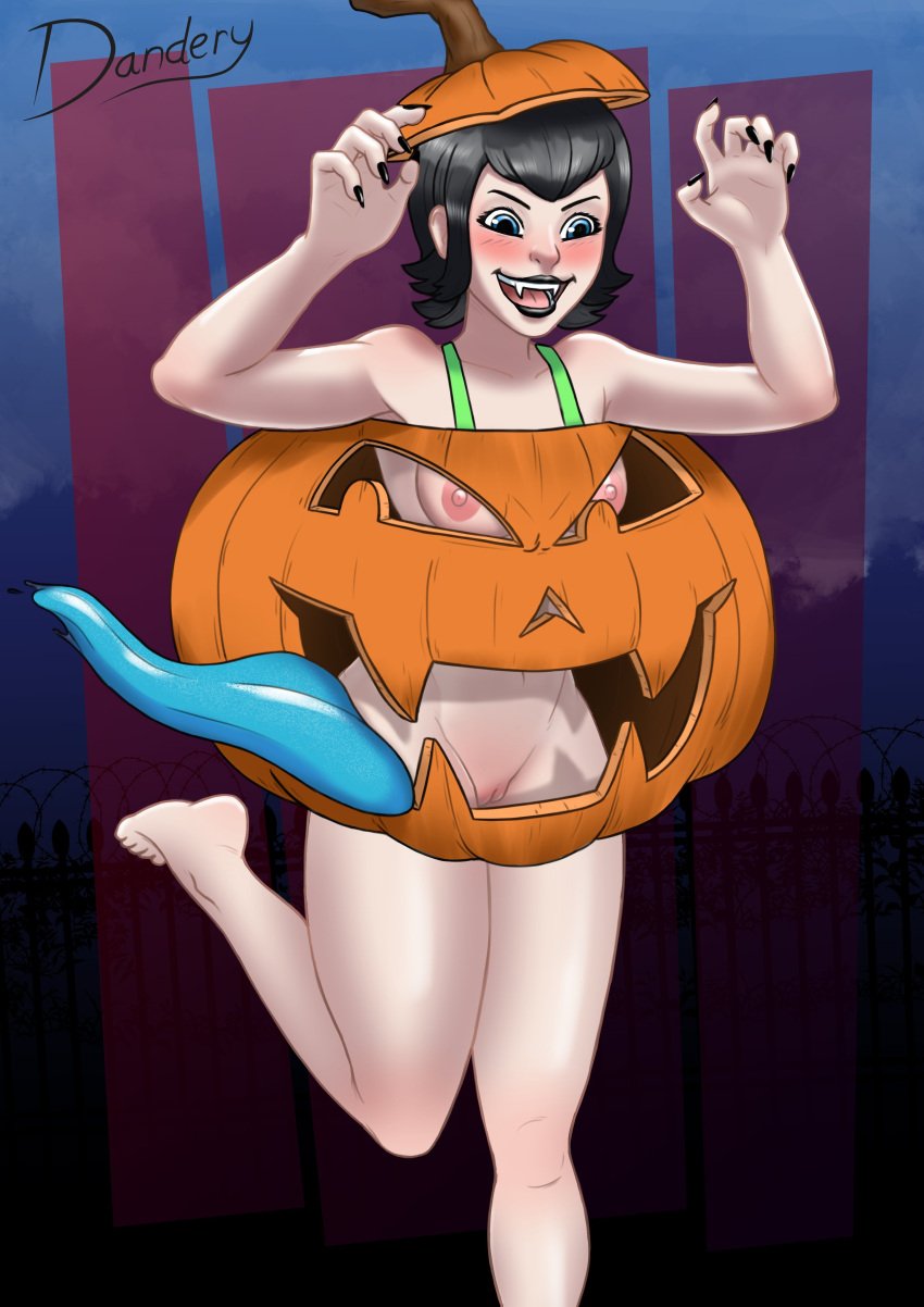 black_hair blue_eyes dandery fangs halloween halloween_costume hotel_transylvania mavis_dracula nipples pumpkin pumpkin_costume pussy short_hair slutty_pumpkin tongue vampire vampire_girl