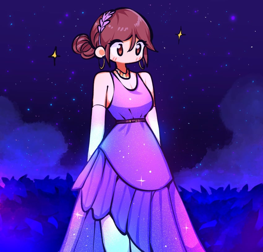 1girls adorable beautiful_background belt blush brown_eyes brown_hair cleavage elegant_dress female gold_necklace hair_bun leaf leaf_on_head long_dress long_gloves namesloo night purple_dress sparkles tea_(namesloo)