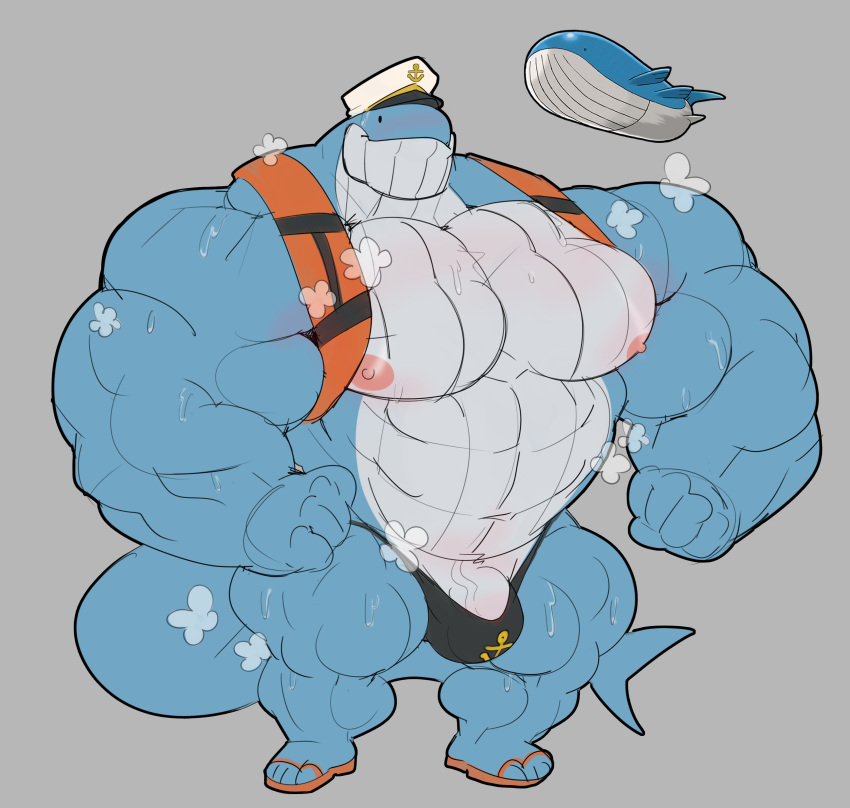 abs absurd_res anchor_symbol anthro areola baleen_whale barely_contained big_bulge big_muscles big_tail blue_body blue_whale blush bodily_fluids bulge cetacean clothing countershading dumbandgreen footwear generation_3_pokemon hi_res huge_abs huge_biceps huge_calves huge_deltoids huge_muscles huge_pecs huge_quads huge_trapezium humanoid hyper hyper_muscles life_jacket male male_only mammal manly marine musclegut muscular muscular_male nintendo nipples orange_clothing pecs pink_nipples pokemon pokemon_(species) pokemorph sailor_hat sandals slightly_chubby solo solo_focus solo_male steam_clouds sweat tail wailord whale white_body white_countershading