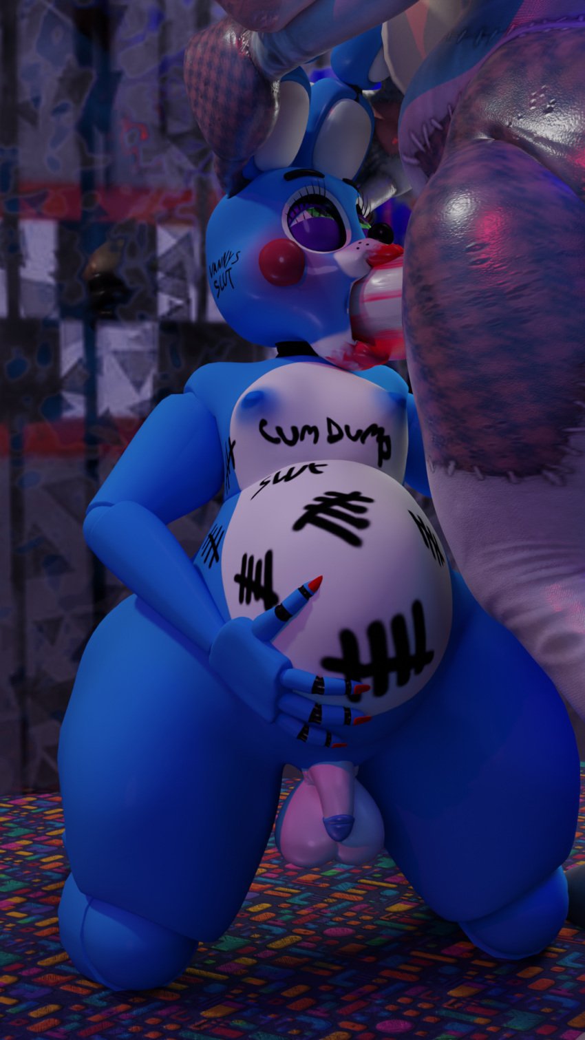 1boy 1futa 2023 3d 3d_(artwork) animatronic anonymousfm anthro ass balls belly big_belly blender_(software) blue_body bodily_fluids body_writing clothing cum digital_media_(artwork) duo erection five_nights_at_freddy's five_nights_at_freddy's:_security_breach five_nights_at_freddy's_2 flaccid furry futanari genital_fluids genitals girly green_eyes gynomorph gynomorph/male hi_res holding_both_ears humanoid_genitalia humanoid_penis inflation intersex intersex/male kneeling lagomorph leporid machine makeup male male_focus mammal nipples nude open_mouth oral oral_penetration penetration penile penis rabbit robot scott_cawthon scottgames small_balls small_penis smudged_makeup steel_wool_studios tally_marks thick_thighs toy_bonnie_(fnaf) vanny_(fnaf) wide_hips