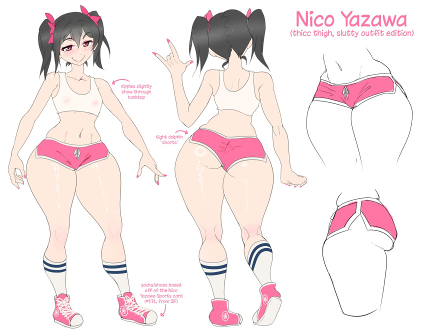 1girls anime_nose black_hair dolphin_shorts flat_chest from_behind front_view love_live! midriff nipples_visible_through_clothing pink_eyes pink_nails pink_shoes reference_sheet short_shorts smug tank_top thick_thighs thighs_together tight_clothing triple-q twintails yazawa_nico