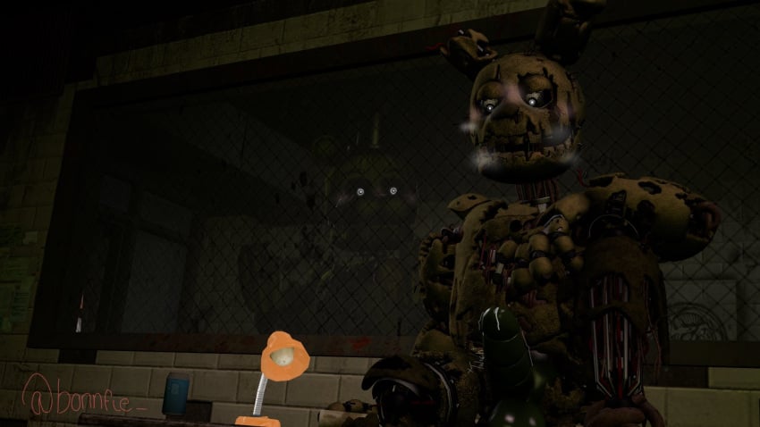 2boys animatronic anthro bear blush erection five_nights_at_freddy's five_nights_at_freddy's_3 furry looking_at_another male male/male male_only nude penis phantom_freddy_(fnaf) rabbit robot springtrap springtrap_(fnaf)