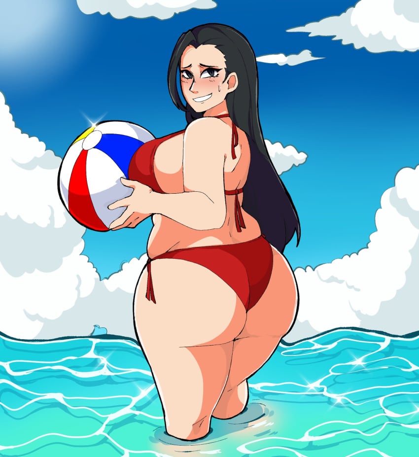 1girls alternate_hairstyle ass ball beach_ball bikini black_eyes black_hair bluueygooey breasts chubby curvy embarrassed female female_only grin hair_down large_ass large_breasts long_hair looking_at_viewer looking_back momo_yaoyorozu my_hero_academia nervous ocean outdoors partially_submerged red_bikini red_swimsuit smile solo swimsuit thick_thighs very_long_hair voluptuous yaoyorozu_momo