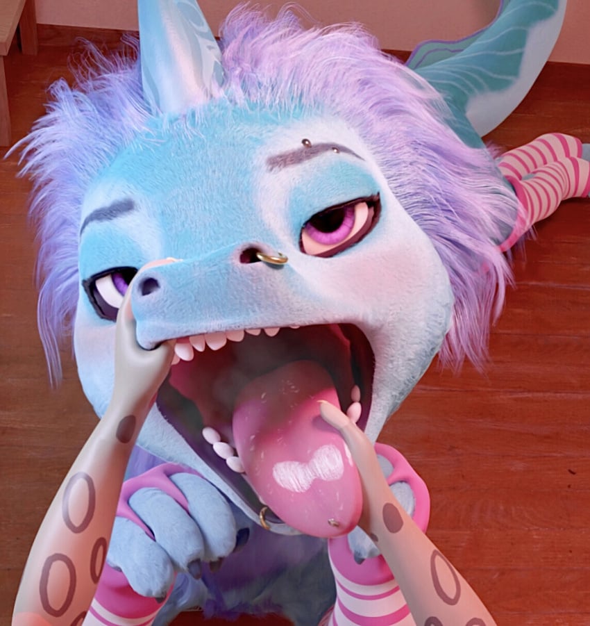 3d_(artwork) absurd_res aquatic_dragon begging begging_pose blender_(software) bodily_fluids breath clothing digital_media_(artwork) disney dragon duo eastern_dragon eyebrow_piercing faceless_character faceless_male facial_piercing female feral footwear fur furred_dragon hand_in_mouth hi_res holding_tongue laying_on_ground legwear lip_piercing male male/female marine mouth_play mouth_shot nose_piercing nose_ring open_mouth petplay piercing pose raya_and_the_last_dragon ring_piercing roleplay saliva sisu_(ratld) sneakyphox socks thigh_highs