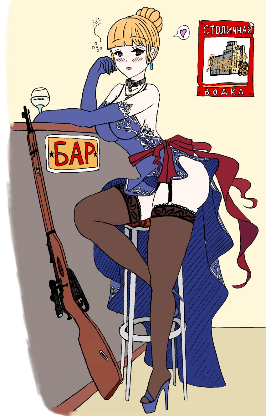 blonde_hair blue_eyes blunt_bangs blush collar dress drunk drunk_bubbles earrings garter_straps girls'_frontline hair_bun high_heel_sandals large_breasts long_gloves monochrome mosin-nagant mosin-nagant_(girls'_frontline) necklace party_dress platform_heels rifle sitting_on_chair thighhighs wide_hips