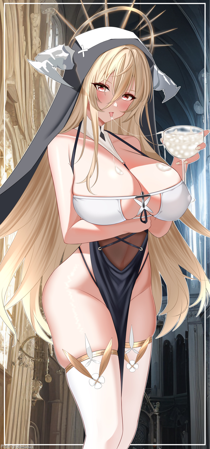 1girls absurdres arm_under_breasts azur_lane blonde_hair breast_cutout breasts cathedral cleavage covered_nipples cowboy_shot cum_in_container cum_in_cup cup fake_horns female framed_breasts gold_trim hair_between_eyes halo highres holding holding_cup horns huanyi_huanhuanzi huge_breasts implacable_(azur_lane) indoors light-skinned_female light_skin long_hair looking_at_viewer mechanical_halo nun open_mouth red_eyes revealing_clothes royal_navy_(azur_lane) see-through skindentation solo standing thighhighs very_long_hair white_horns white_thighhighs