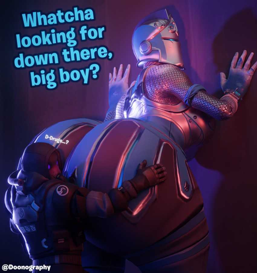 ass ass_focus ass_grab big_ass big_breasts bodysuit breasts bubble_butt doonography frozen_red_knight_(fortnite) hands huge_ass hyper hyper_ass io_guard_(fortnite) io_remnant_(fortnite) knight male/female red_knight_(fortnite) size_difference taller_female thick_ass thick_thighs wide_hips