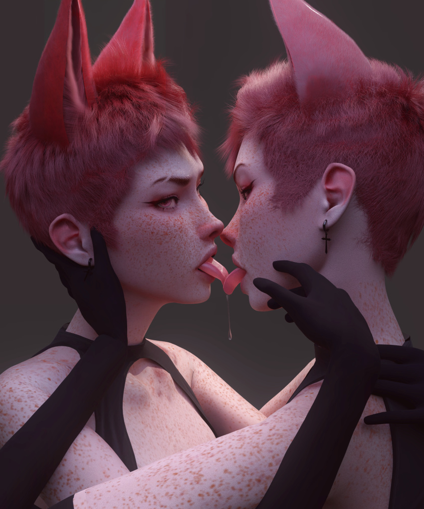 2girls 3d aldtecaia bedroom_eyes blender blender_(software) blender_cycles fauxhawk female female_only fox_ear fox_ears fox_girl fox_humanoid foxgirl freckles kissing lesbian lesbian_kiss looking_at_viewer mohawk_(hairstyle) noxxyboy oc pink_eyes pink_fur pink_hair pixie_cut pixie_cut_female pixie_cut_hair red_eyes red_fur red_hair saliva saliva_drip saliva_on_tongue saliva_string saliva_trail self_kiss selfcest simple_background sims sims4 succubus the_sims_4 tomboy tongue tongue_kiss tongue_out tongue_wrap tulpa yuri