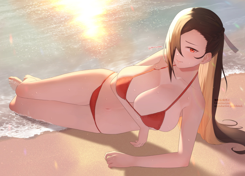 1girls alternate_costume bare_legs beach bikini breasts brown_hair cleavage female female_only fire_emblem fire_emblem_fates hair_over_one_eye huge_breasts kagero_(fire_emblem) legs long_hair looking_at_viewer nintendo ocean outdoors outercourse parupome ponytail red_bikini red_eyes red_swimsuit sand sideboob skindentation smile solo sunset sweat swimsuit underboob wet