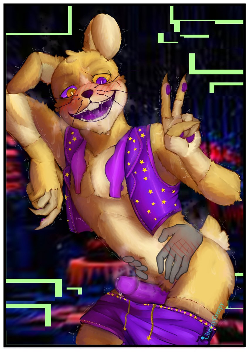 anon anthro blush blushing cheekycreepy erection faceless_male five_nights_at_freddy's five_nights_at_freddy's:_help_wanted fnaf from_behind fur furry furry_only gay glitchtrap humanoid looking_at_viewer looking_pleasured male male_only mouth_open partially_clothed penis rabbit sweat