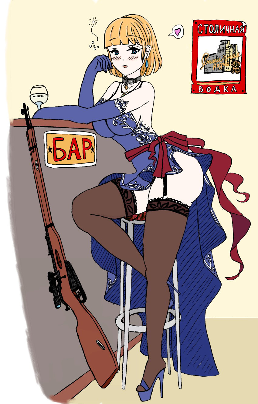 blonde_hair blue_eyes blunt_bangs blush bob_cut collar dress drunk drunk_bubbles earrings garter_straps girls'_frontline high_heel_sandals large_breasts long_gloves monochrome mosin-nagant mosin-nagant_(girls'_frontline) necklace party_dress platform_heels rifle sitting_on_chair thighhighs wide_hips