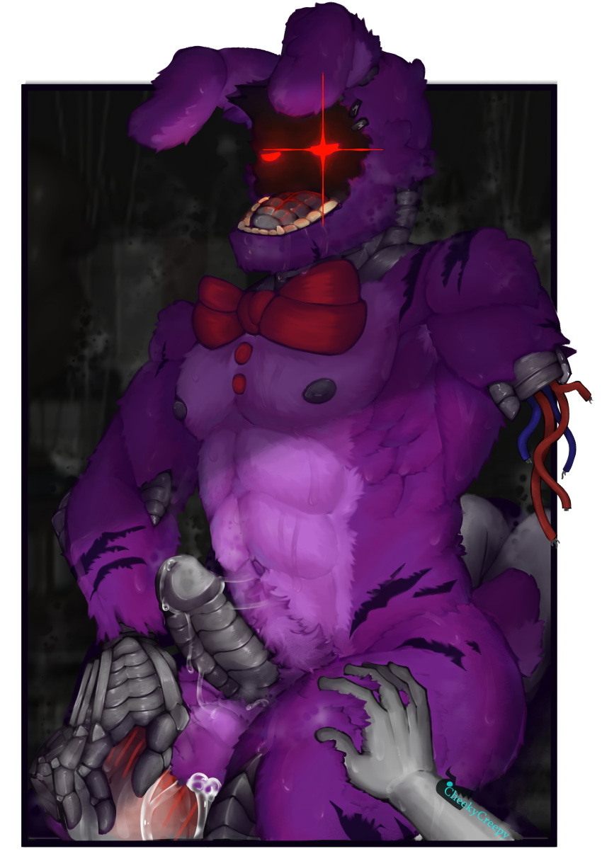 animatronic balls blush bodily_fluids bonnie_(fnaf) bowtie bunny cheekycreepy chest cum cum_on_face erection eyes faceless_male five_nights_at_freddy's five_nights_at_freddy's_2 fur furry furry_only gay hand_on_hip head_in_crotch living_machine male male/male male_only metal muscular nipples nude penis purple_body rabbit red_eyes robot sweat tail thick_thighs thighs withered_bonnie